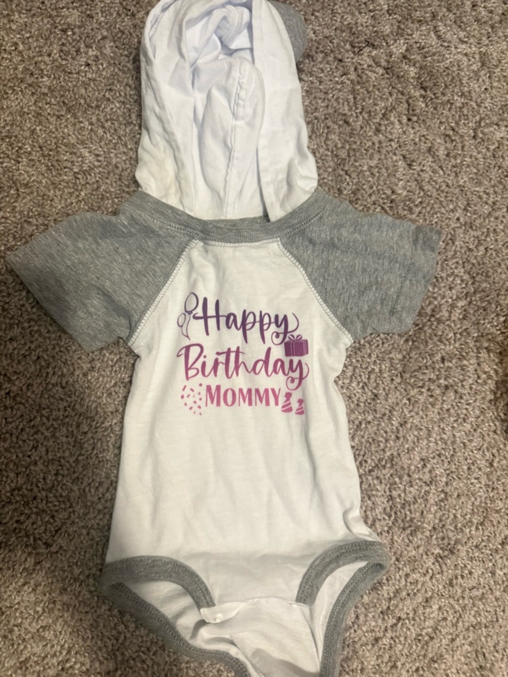 Happy Birthday Mommy Hooded Baby Onesie - White & Gray with Pink/Purple Print